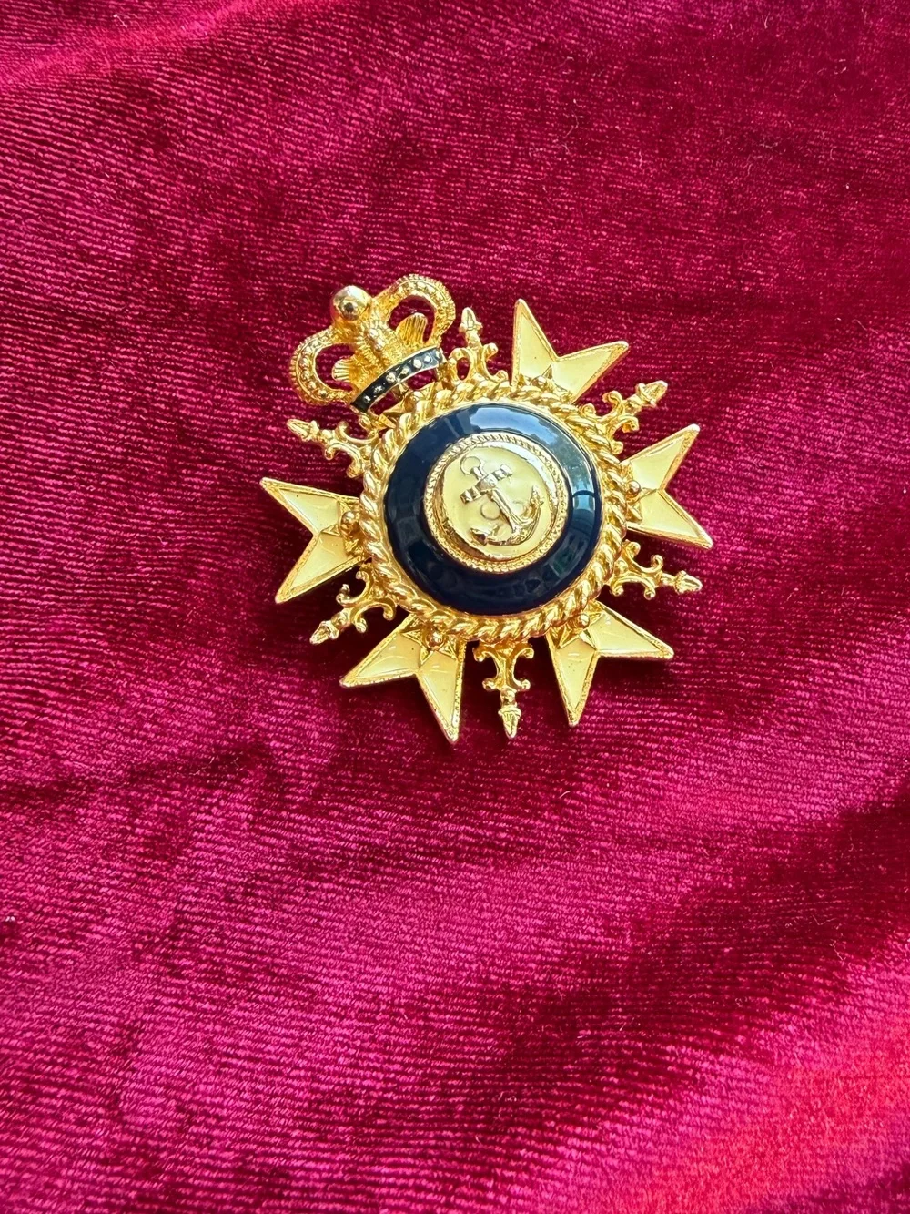 Vintage Crowned Maltese Cross Nautical Anchor- White & Navy Enamel Pin/Brooch